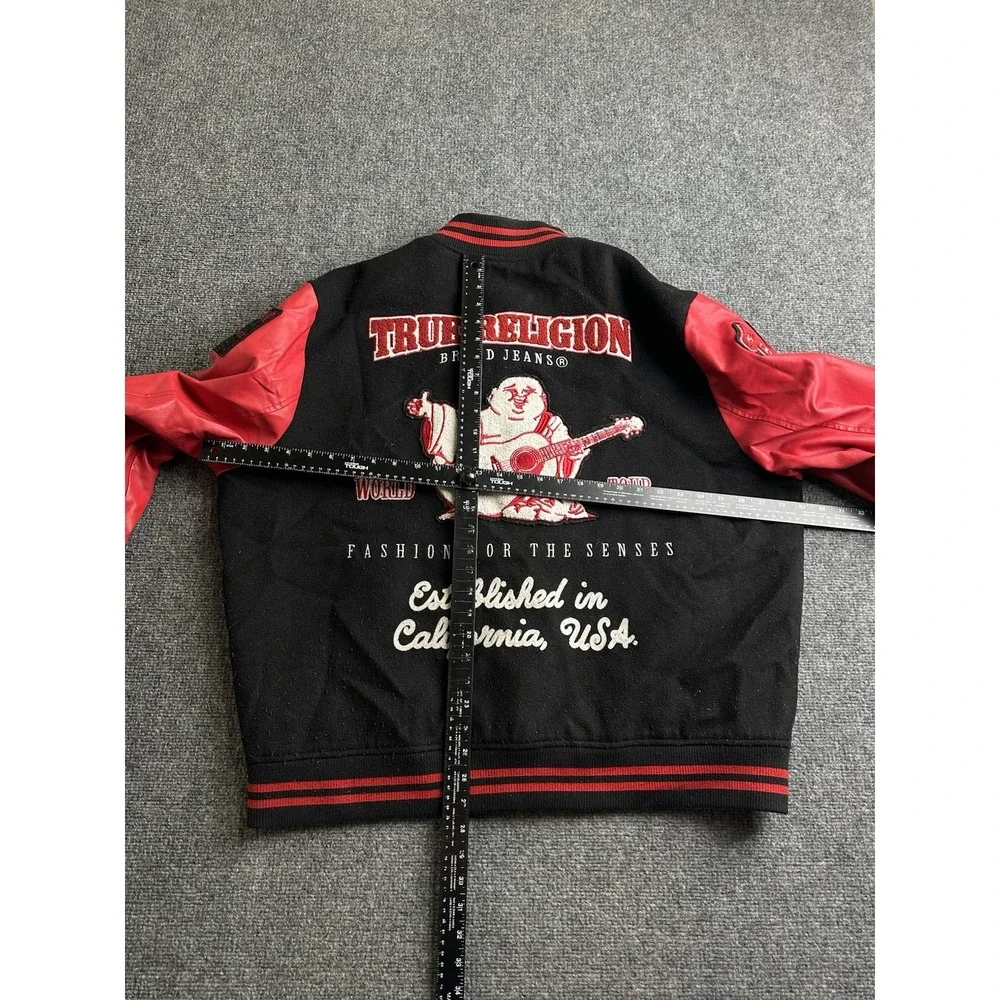 Mens True Religion World Tour Varsity Jacket Black Red Patches, Size 2XL